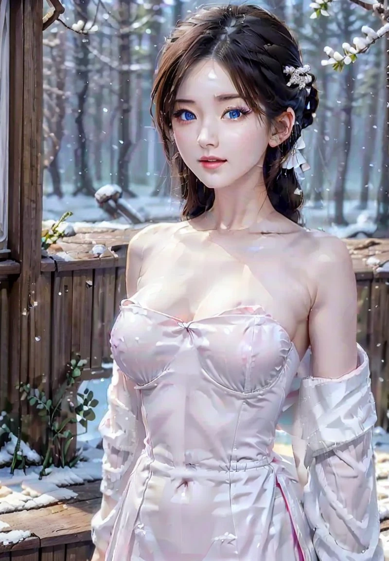 ((masutepiece)), ((Best Quality)), (Ultra-detailed), ((kawaii)), kawaii系, (lovely), ((Extremely detailed)), (Detailed eyes), (detailed facial features), (Detailed fingers), (detailed clothes features), 4K, (8K), (Beautiful), Illustration, (dynamic compositions), (Cowboy Shot:1.3), (santa costume:1.3), Sitting on a stump, Pretty women, 1 woman, (Brown skin:1.2), Brown hair, Medium short hair, (Beautiful blue eyeeautiful eyes)), White teeth, (tights), (Hair ornaments), Earring Necklace), (Raulche, mont, vila, evening, Winters, Shine with colored light, Lens Flare, (snow effect), shiny、Very big breasts、(White Face Mask:1.4)