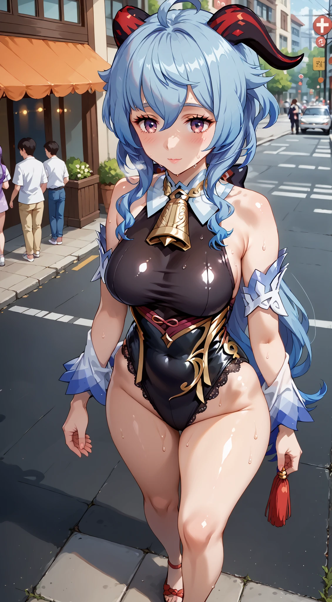masterpiece, best quality, mature female, ganyudef, blue hair, long hair, (skinny:1.1), large breasts, twin horn, walking, (fishnet bodysuit:1.1), bare shoulder, long sleeves, gloves, purple eyes, smile, (street, public:1.1)