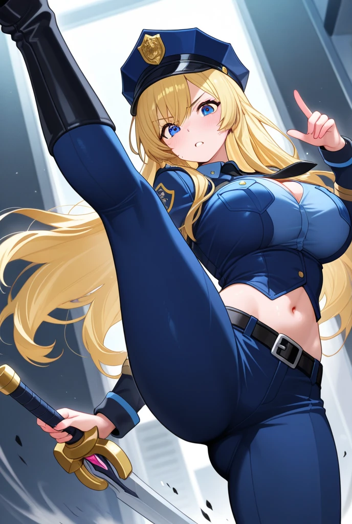 Masterpiece, Best Quality, Highly detailed, illustration, absurdres, street fighter, doll suit, shadaloo doll, nazi saluting, military, military saluting, salute, 1 girl, solo, expressionless, emotionless eyes, looking at viewer, red gloves, emotionless, black latex, corrution, zofa suit, zofa soldier, mind control, female combatant, full body, hypnotized, standing, standing at attention, unhappy trance, full body suit, belt, eagle emblem, Ellen Kohagura, Katana Maidens, Toji no Miko, blonde hair, green eyes, long hair, big beasts