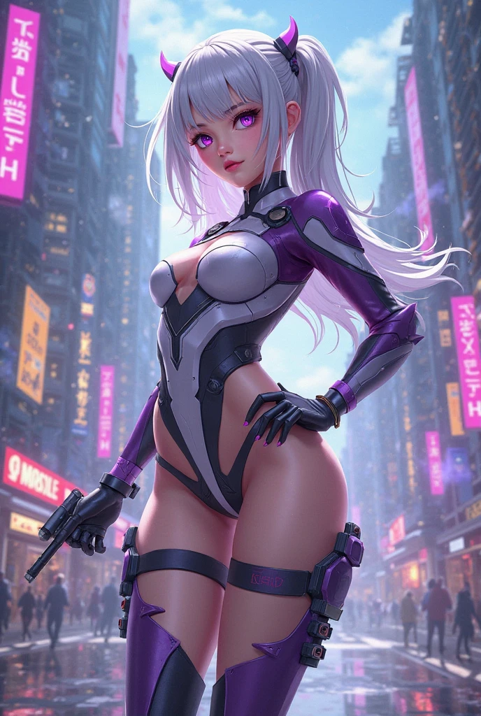 ((best quality)), ((masterpiece)), (detailed), perfect face, 1girl, Alone, girl, silver hair, futuristic outfit, Neon Samurai, Cyberpunk neon, night, 8k wallpaper, movie lighting, Rear view of hand holding weapon, big butt, huge breasts, large gluteus maximus muscle, large breasts, hentai, super sexy