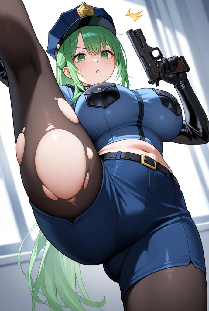 masterpiece, best quality, ultra-detailed, beautiful, medium hair, hair between eyes, green hair, side ponytail, purple eyes, black choker, ((nude)), ((nsfw)), black gloves,black footwear, 1girl,solo, beautiful detailed eyes,looking at viewer, from front, standing, full body,toe, smirk face,simple background, white background,