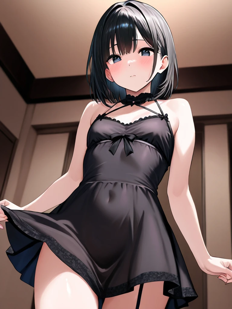 In the dressing room、(Short One Piece Dresses)、Brown Hair、lace panties、(((Open neckline dress)))、(((skirt pull))), Young face、Expressions of anger、1boy, ((Man on all fours, A back view from the shoulders up is shown.))、(((standing footjob))), (((eject cum))), (foot on penis), ((Angle from below))
