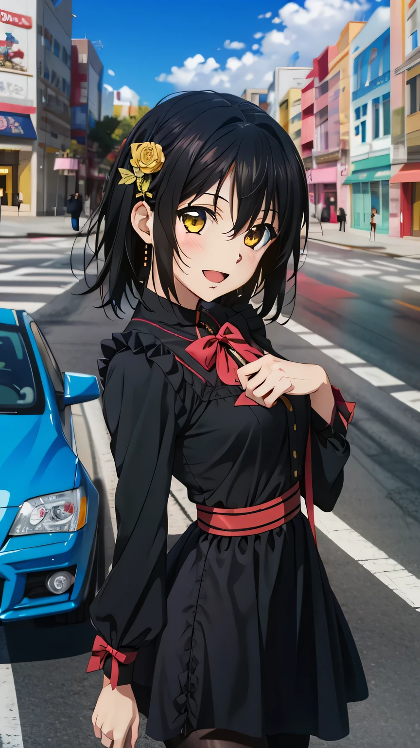 {{{masterpiece}}}, (best quality:1.5), (ultra-detailed:1.5), {illustration}, {{an extremely delicate and beautiful}}, (beautiful detailed eyes:1.6), absurdres, highres, extremely detailed face, 16k, hd, visual anime de uma jovem mulher, extremamente bonito rosto de anime, anime melhor garota, (perfect hands, perfect anatomy), anime face, Himeragi Yukina(Strike The Blood), 1girl, solo, cute face, medium hair, front hair, black hair, hair between eye, (yellow eyes:1.3), (High resolution eyes, Beautiful eyes, Light in the eyes), flushed cheeks, medium breasts, big hips, curvaceous, BREAK, gothic ta, colorful costumes, 1girl, solo, smile, open mouth, looking at viewer, cyb dress, frilled dress, frills, gothic, bow, long sleeves, pantyhose, high heels, castle, outdoor, storefront, car, road, real world location, traffic light, outdoors, street, crosswalk, building, city, sign, sky, scenery, road sign, cloud, multiple boys, day, daytime, detailed background, (bust shot:1.5), from side