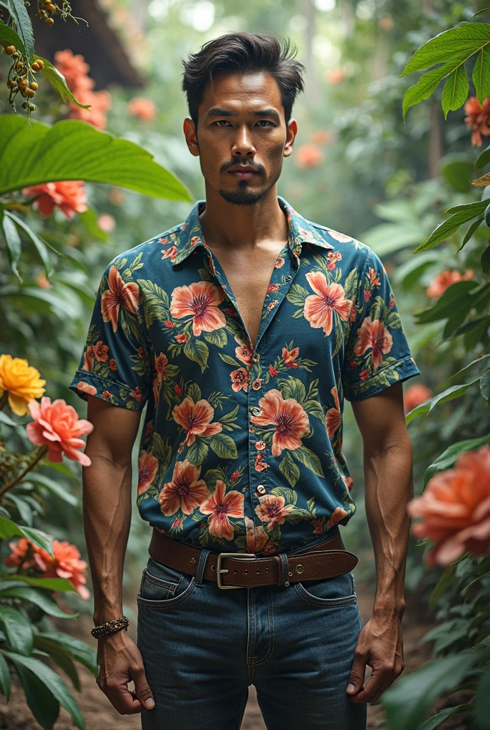 A Brazilian boy in a lush tropical garden, wearing an open shirt with a floral print, and the natural flowers, showing off your natural charm and outgoing personality. Standing with confidence