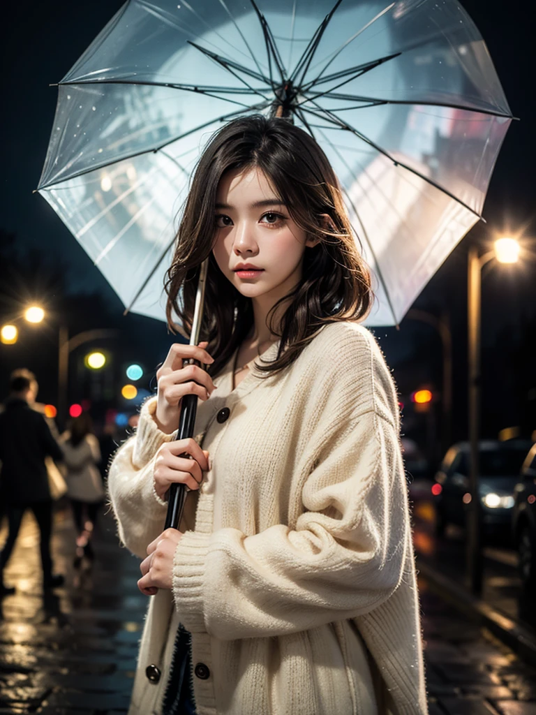 A cute girl wear teddy bear clothes in a white jacket holds a yellow umbrella while rain falls around it, 8k details quality 