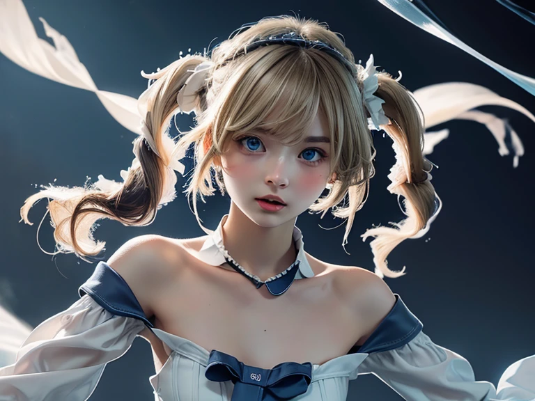 masterpiece, Best Quality, Very delicate and beautiful, Ultra-high resolution, 8k, 3D, Princess like a doll, cute, 
highly detailed dress, Twin tails, straight bangs, Transparent white skin, Fair skin, large, round eyes, Thin lips, round face, look up, Upper Body, Looking at the camera, The best light, Perfect composition, 