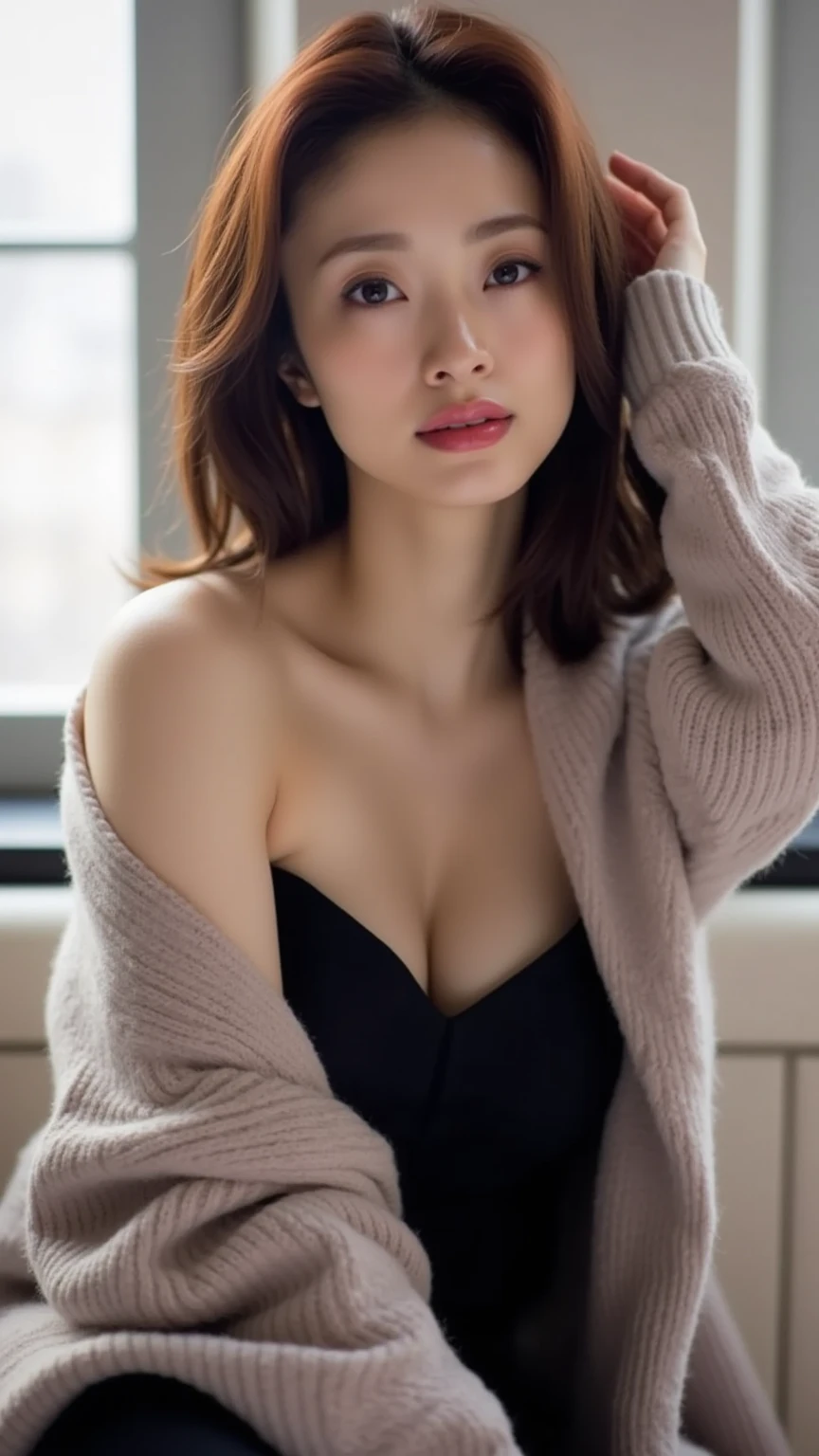 ​masterpiece、8K、32K、top-quality、(A detailed eye)、(A cute Japanese woman、bangss)、23years old、1 girl in、elegant、(Detailed background depiction、portlate:1.2)、(Open your clothes、black bra、big breast:1.2)、new york、cowboy  shot、smile、Forward leaning position