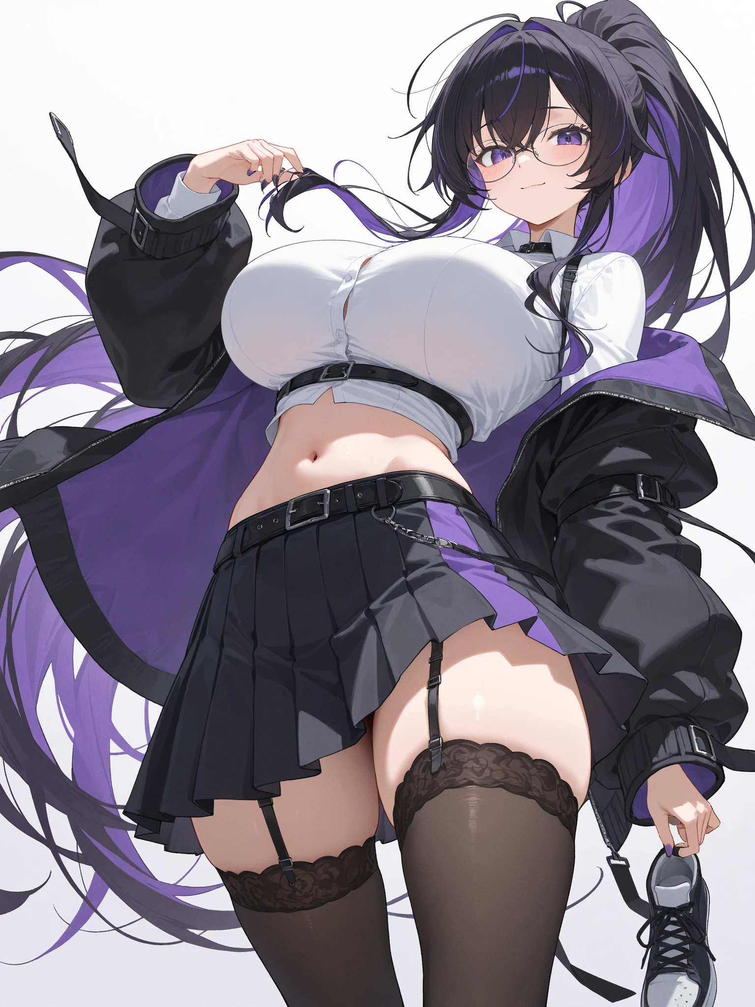 (\lin ni te\), 1girl,animal ears, purple eyes, solo, gloves, breasts, pantyhose, bow, animal ear fluff,long sleeves, cleavage, skirt, cat ears, bangs, facial mark,, grey hair, small breasts, pleated skirt, black pantyhose, bowtie, medium breasts, black gloves, white shirt, apalpando os peitos, sorriso sexy, (alta qualidade, 8k, obra prima, qualidade ultra, extremamente detalhado, bem colorido, no blurries, foco absoluto, impeccable quality) 1girl, highleg panties, hooded jacket, open jacket, hands, bikini, best quality, highly detailed