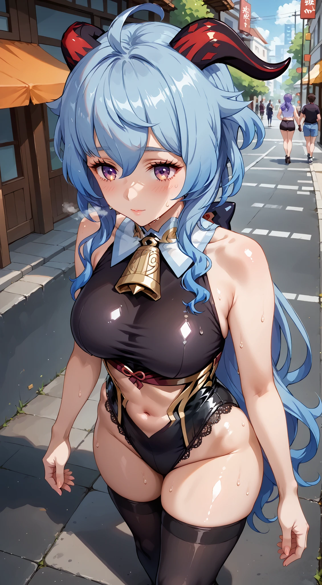 , 1 girl, videogame character, Dark Street, natta, perfect waist, shoulderpads, chokers, beautiful face, detailedeyes, perfectbody, thick-thighs, big-ass, Breasts huge, hair with braids, posing for a photo, hand on ass, hands on thigh, wet ass, cowgirl position, looking at the viewer, anatomically corrected, focus on the ass, low viewer