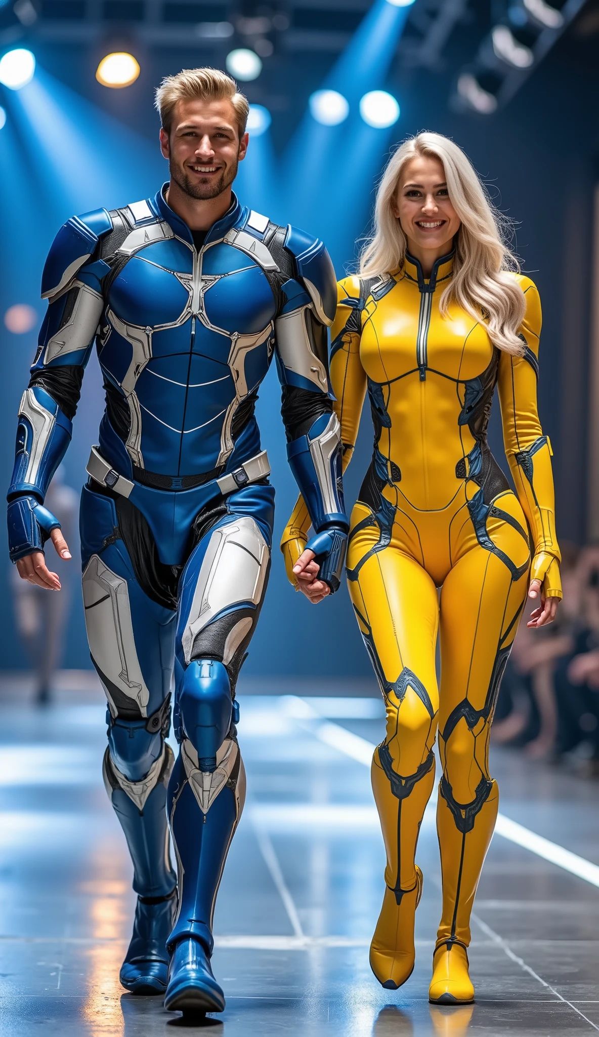 character: 1 man blonde hair wearing futuristic blue ironman body suit with silver armor futuristic blue accents ,  and 1 woman blonde hair Long Bangs Wearing futuristic yellow ironman body suit with silver armor futuristic blue accents. Their facial skin is pale.

action: Walk straigh. They look at the camera. They held hands.

Expression : smiling.

 Background : On the runway stage with dynamic lighting from all sides. They radiate happiness as they walk confidently in their  costumes. full body view.