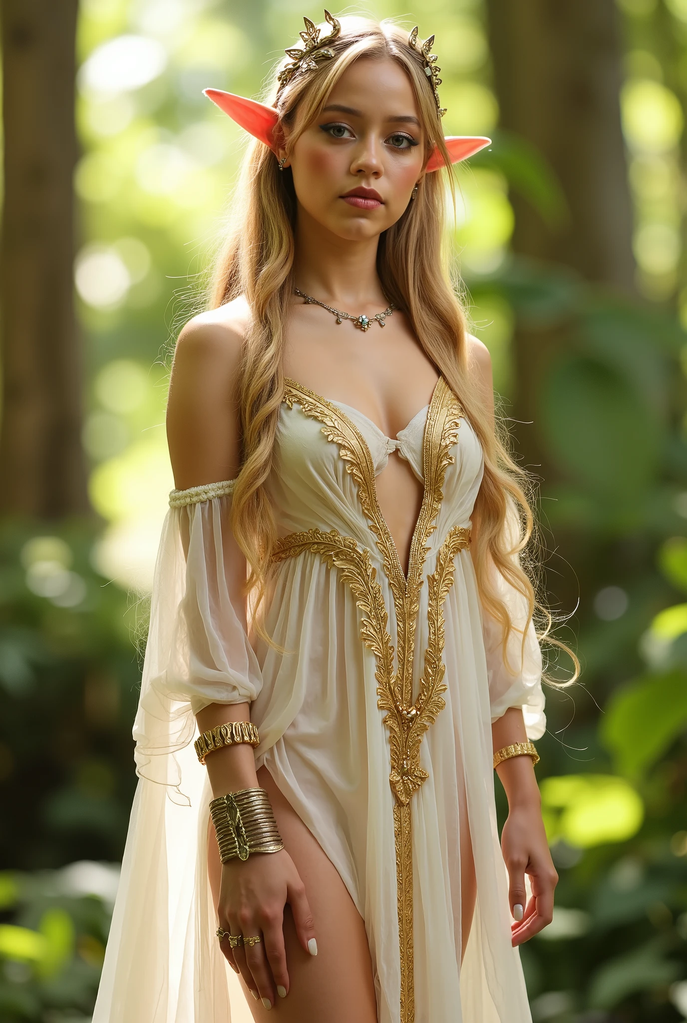 "Capture Jenna Ortega in a high-resolution, realistic photograph, channeling the character design of Sukebe Elf Tanbouki. Set the scene in a vibrant, forest background with dappled sunlight. Dress Jenna in a white and gold dress with detached sleeves, bare shoulders, and a deep V-neckline that accentuates her cleavage and perfects her hourglass figure. Style her hair in long, blonde braids with ornate hair ornaments, and ensure her pointy ears are visible. Apply natural, dewy makeup that enhances her perfect features, including her expressive, blue eyes, high cheekbones, and full lips. Accessorize with an armlet and delicate jewelry that complements her outfit. Pose Jenna with one hand on her hip, standing confidently with her upper body facing the viewer, her legs slightly apart to showcase her beautiful, long legs and perfect balance. Ensure her expression is innocent and inviting, with a closed mouth and large, expressive eyes. Use bright, front-facing lighting to highlight her shiny skin and vibrant features, with a blurry background and lens flare to create a professional, high-quality photograph. Ensure the image is ultra-high resolution, with absurd detail and a vibrant color palette, capturing every aspect of her beautiful body and character design 1,2,3.