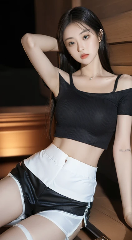 A beautiful pale porcelain skinned anime girl , With black hair, brown eyes, stockings, crop top nice tits. earrings, rings, sleeves & choker 