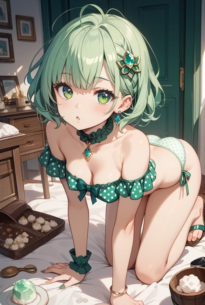 nsfw,Cowgirl,Hand down,((Having sex)),Riding on top of a naked man,vaginal penis,intercourse with a man,tiny girl,Colossal tits,Smile with open mouth,short green hair,magical girl costume,hair adornments,Heterochromia,Blue and green eyes,Top image quality,Best Quality