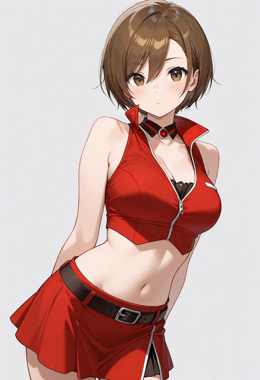 Cute girl, fierce boxer, short curly brown hair, light brown eyes, smile, red collar, tight red clothes, red bra with black stripes, red pants, exposed stomach, bare shoulders, short pants, big breasts,