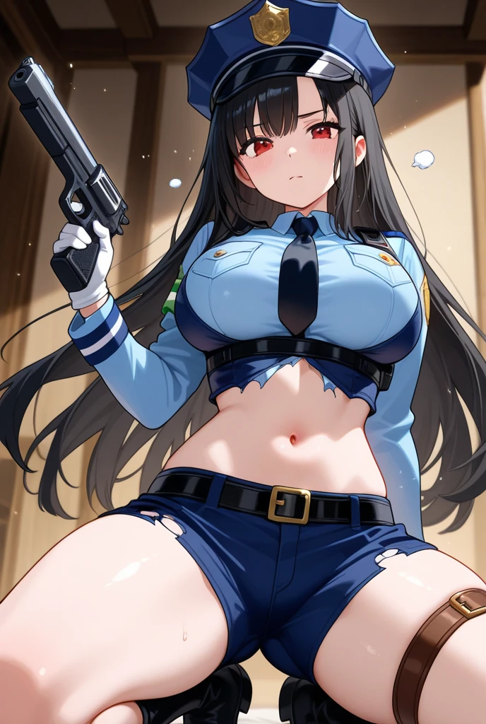 chabashira, 1girl, ponytail, black hair, hairclip, masterpiece, best quality, highly detailed, breasts, nude,
thighs, open robe, nipples, parted lips, ,pose , evil smile, smile, (nsfw) not safe for work, lipstick ,
pussy, hold a handgun, holding pistol, bedroom, standing