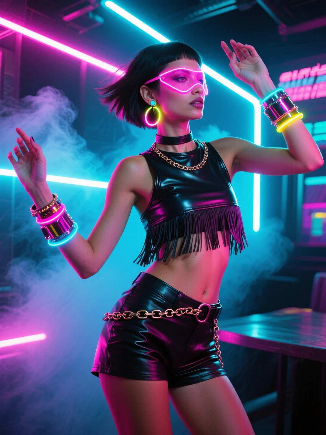 Futuristic cyberpunk clothing with indigenous Amazonian influences