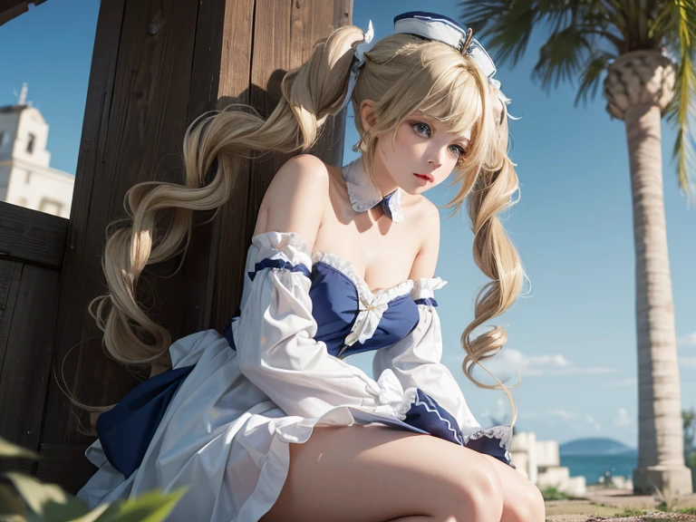 absurdity.((Realistic Light, Highest quality, 8K, masterpiece :1.3)), Frank, One girl, Big Breasts、Beautiful breasts、Beautiful woman with perfect figure :1.4, Priestess, Blonde, blue eyes, Long Hair, Hair between the eyes, boots, dress, Frills袖, Frills, Have, White Hat, Pelvic Curtain, High heels, Robe, thigh boots, Knee socks, white Knee socks, Long sleeve, Puffy sleeves,Dynamic Pose、Show off as much skin as possible、