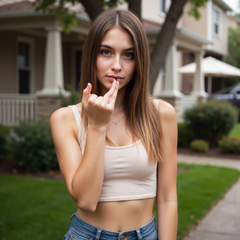 (Please generate an image of a young woman wearing a shirt . She has brown hair, bigger, eBlue eyes, and a subtle, natural makeup. The photo should show that she has no obvious makeup, She should look directly into the camera. The face should look real and natural. Full body shots of this attractive woman should feature eye-catching poses, She has sharp blue eyes. The girl has a sweet temperament, And the posture should be sweet too. Please make sure the woman's entire body is visible in the image. The background should be clear、Neatness. The details of the image should be of high quality(Best quality at best)), ((tmasterpiece)), (Detailed pubic hair), s the perfect face. Giving the peace sign.