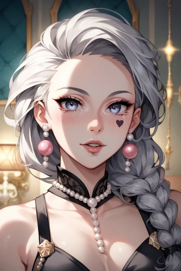 A beautiful young woman, 1girl, hourglass figure, seductive pose, fishnet dress, silky white hair braid, heavy silver jhumka earrings, necklace, anklet, cleavage, detailed face with stunning magenta eyes, full lips, flawless makeup, dark cinematic lighting, dramatic photorealistic effect, masterpiece-level 8K rendering, ultra-detailed, realistic, photo-realistic, HDR, UHD, studio lighting, ultra-fine painting, sharp focus, physically-based rendering, extreme detail description, professional, vivid colors, bokeh, smiling, full body view, bangles