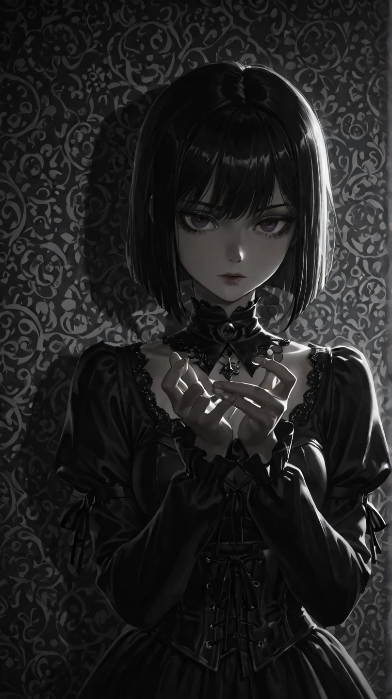 Top view, Woman sitting on the ground, Black asymmetrical short hair, Goth Fashion, Empty white room, Anime Style, Simple lines, Digital Painting, (masterpiece, High resolution, Highest quality)