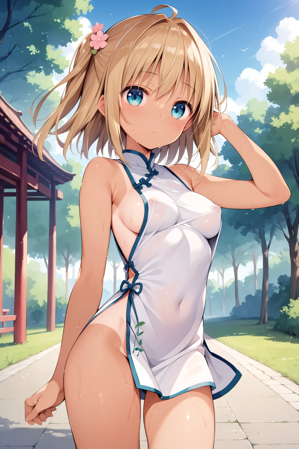 (masterpiece,highest quality,超A high resolution),Japanese women, (((Very beautiful 18 year old girl))), pretty girl、Look at the photographer、 ((Beautiful blonde bob hair)), Very cute face, Glossy Lips, Double eyelids on both eyes, blue eyes, Natural smile、 Natural Makeup, Long eyelashes, Shiny and smooth hair、Center image, Perfect limbs, Perfect Anatomy,(((Shiny Chinese Dress white panties))),undressing panties,Pull your pants down to your knees、Wet with sweat,Cowboy Shot,