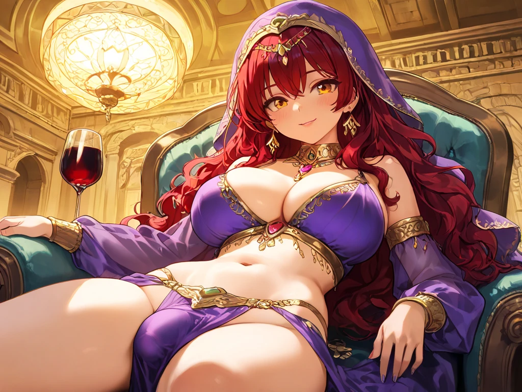masterpiece, best quality,8k wallpaper, nishikino maki,off shoulder dancing suit,arabian clothes, jewellery, necklace , purple eyes ,big breasts , standing