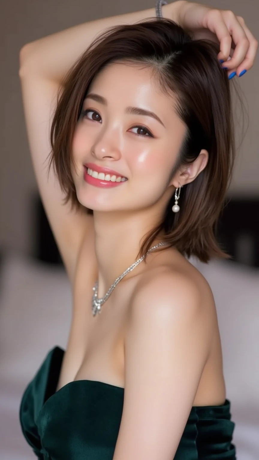 (Realistic, photo-Realistic:1.37), (masterpiece), (Highest quality:1.4), (Ultra-high resolution:1.2),(RAW Photos:1.2), (Sharp focus:1.3), (Face Focus:1.2), Vivid details, hyperRealistic, elegant, Professional attire, In detail, Blake Beach, Japanese Idols, (Navy one piece swimsuit,), Medium Short Hair、 (Smile), (Huge breasts), (Glowing Skin:1.4), Are standing, (((From the side))),