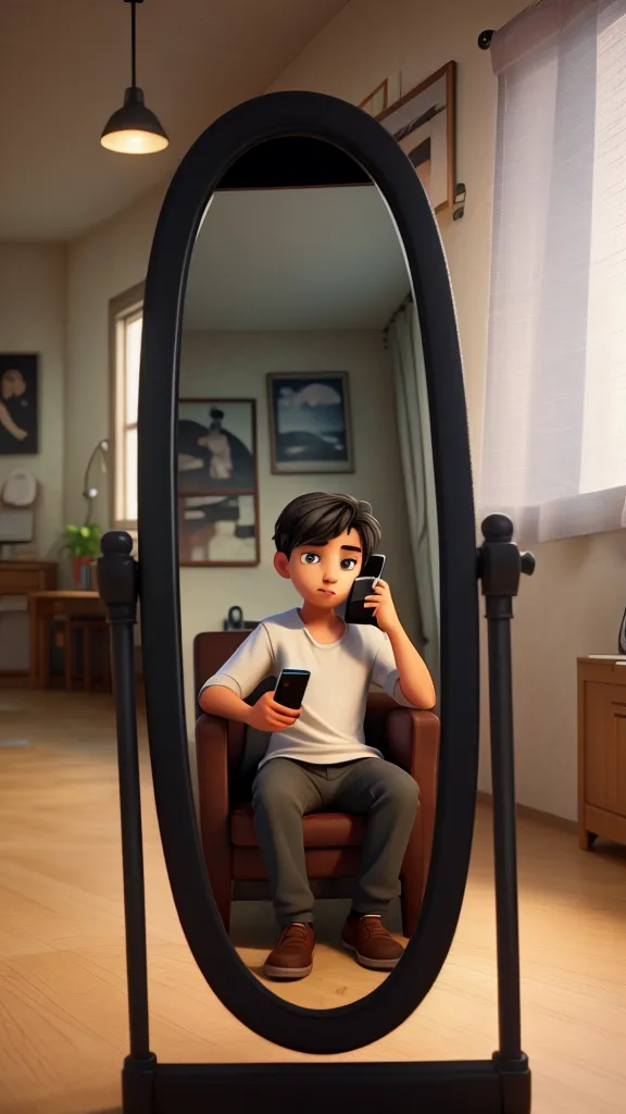 Create a picture of a boy who is physically good and wear a halt tshirt and joggers and wear a headphone and have a mobile phone in his hand he is casually stand infront of a mirror 
