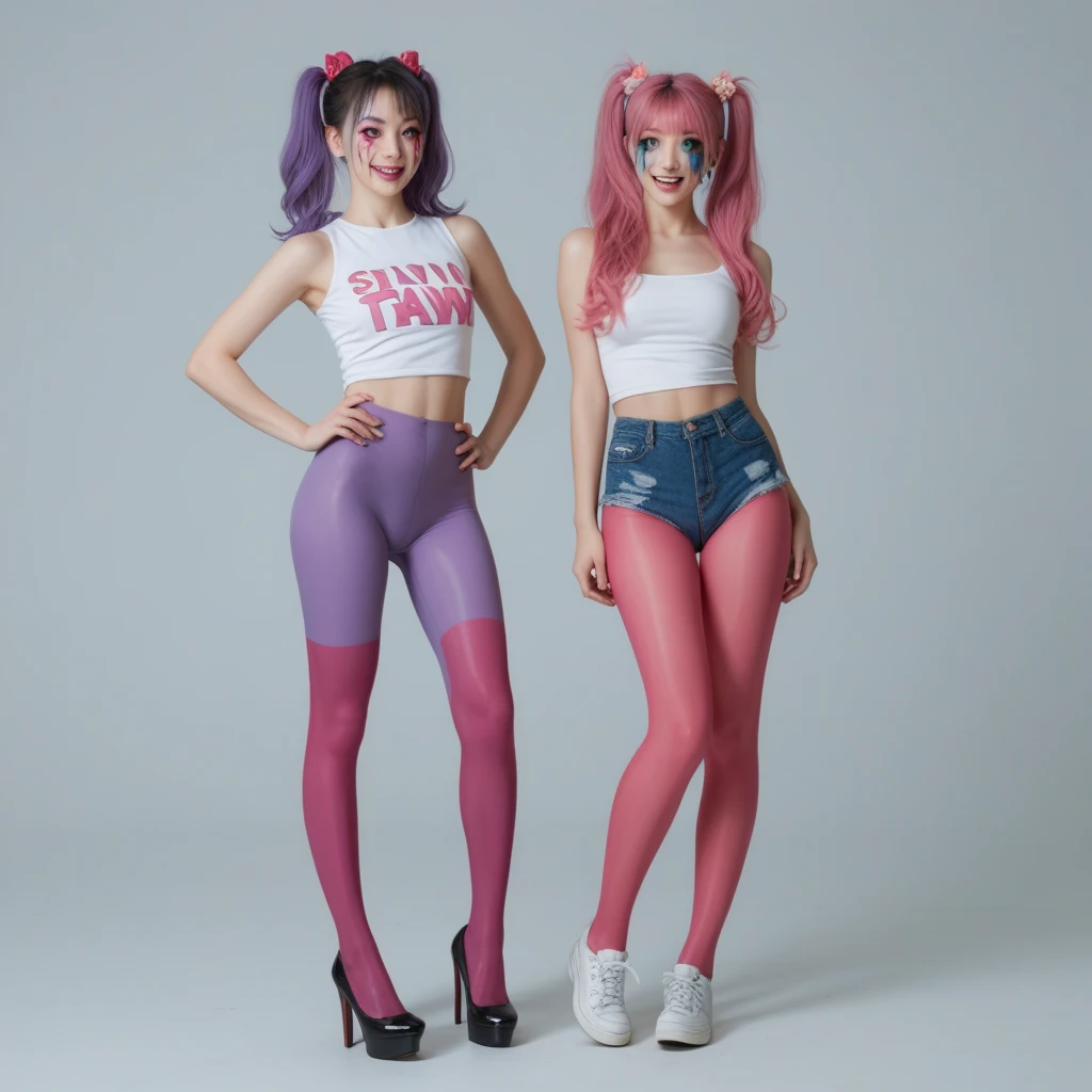 two girls with pink hair posing for a picture, ecchi style, thicc, fullbody, two beautiful girls, oppai proportions, realistic