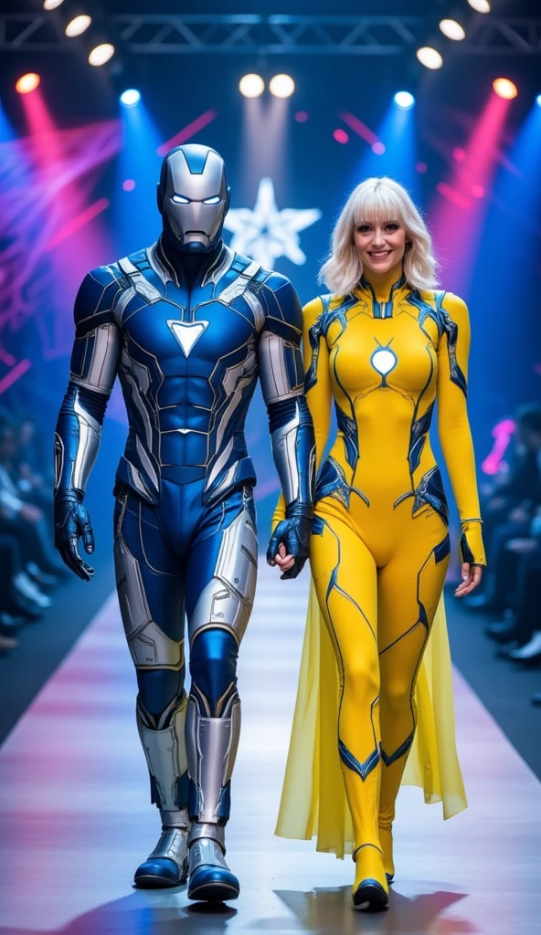 Full full body a beautiful couple,( Handsome hunky blonde haired Solarboy wearing a white spandex with gold trimmings)and gloves and ( handsome hunky white haired Lunarboy wearing black latex spandex with silver trimmings), standing firmly face frontal camera focus asymmetrical face details,charachter, beautiful, devian art, trending artstation, digital art, detailed, realistic, humanoide, character,cinematic sho ,cinematic lights, high textures, high resolution, dreamlikeart, 8k, highly detailed, stabilized diffusion. Detailed face and fingers.