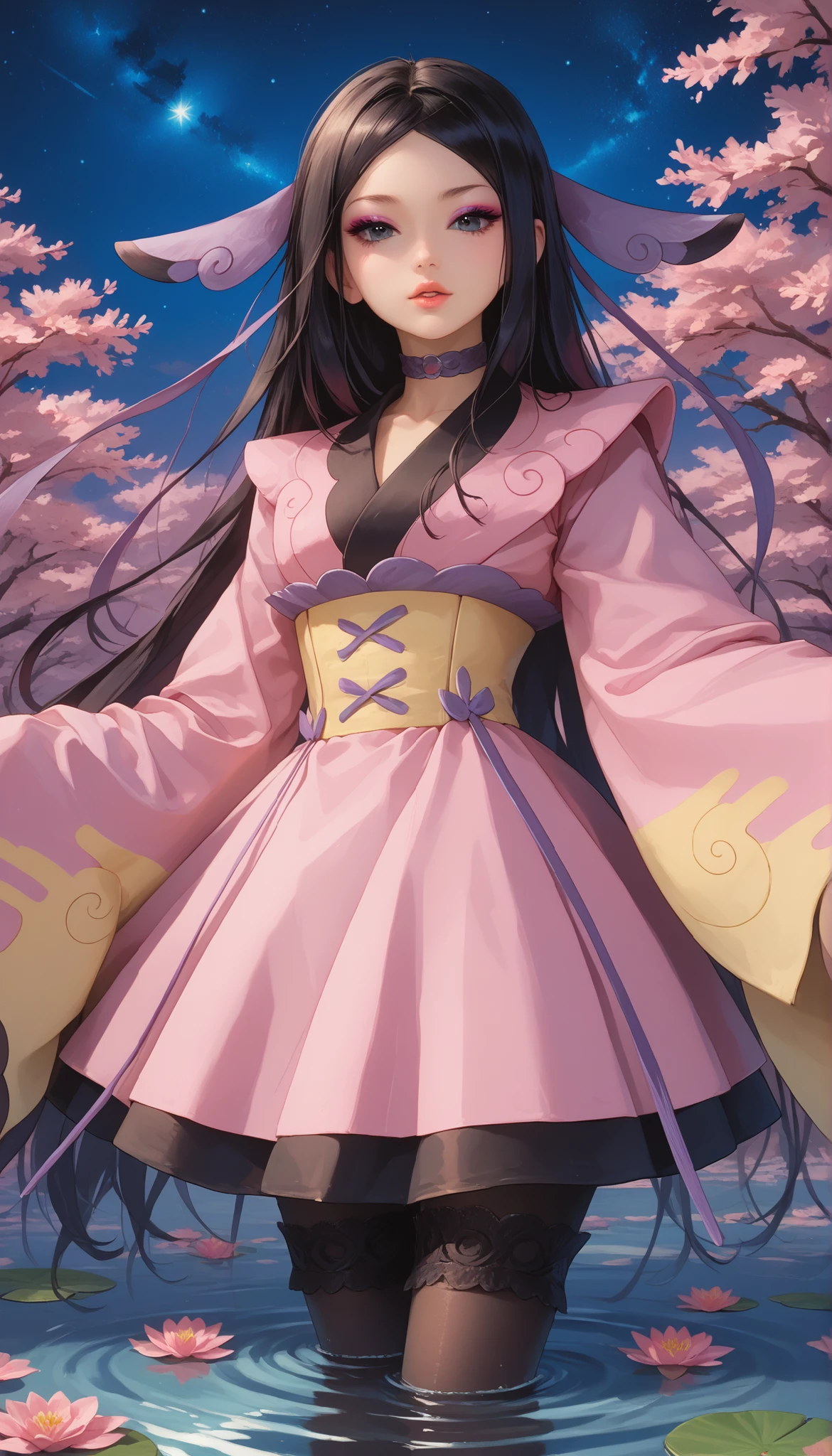 zzValerie, long hair, black hair, big black eyes, highly detailed face, glossy detailed lips, parted bangs, eyeshadow, hair ornament, black pantyhose, choker, dress, furisode, highly detailed clothing, japanese clothes, kimono, long flowing sleeves that completely cover hands and fingers, sleeves draping naturally to obscure hands, stood, dynamic angle, view from below, dynamic background, traditional Japanese garden, cherry blossom trees, night sky, starry sky, gently flowing stream, water lilly pads, stunning 8k quality, masterpiece, vivid colors