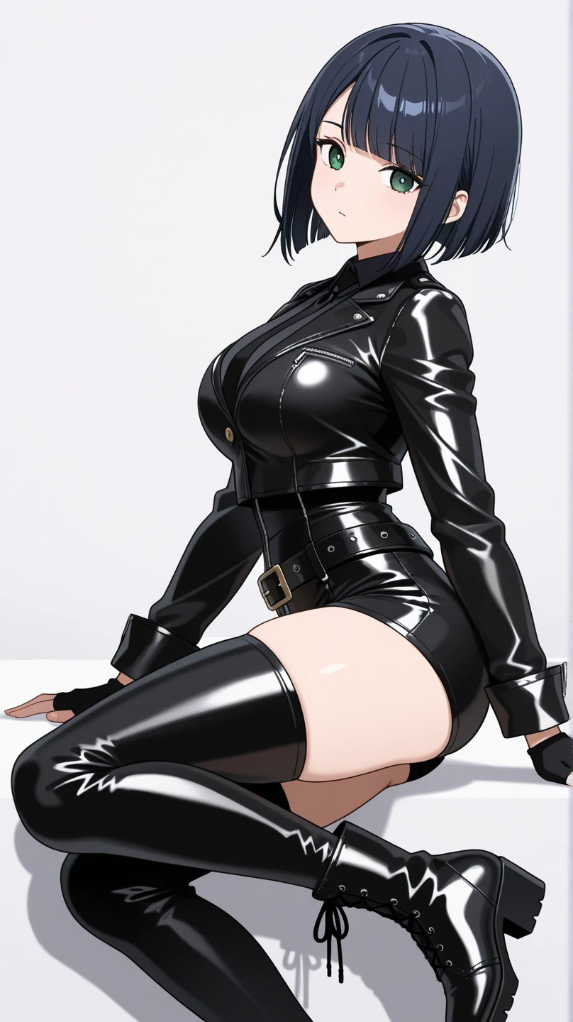 20 year old woman, busty, thick thighs, bubble butt, thin, skinny waist, sexy pose, horny aroused expression, short black hair wearing spiked leather jacket, blue zipped corset, leather skirt, belt, stockings, heeled boots, chocker