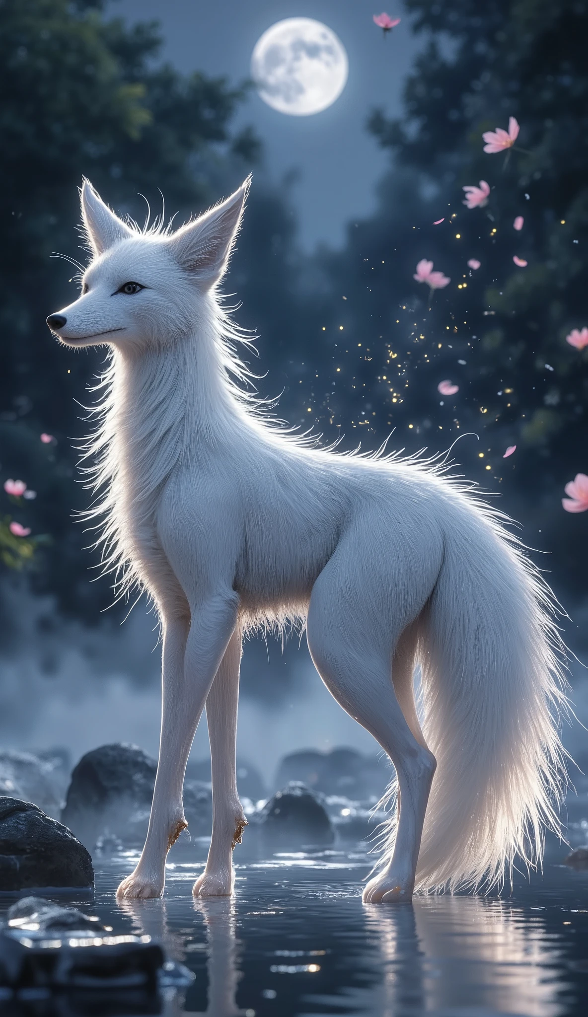 A majestic white fox with a large fluffy tail, glowing gently in the moonlight, standing in the middle of a calm forest stream, full-body visible, surrounded by soft mist, water reflecting the fox and the moon above, magical sparkles and floating petals around the tail, serene night atmosphere, full moon high in the sky, lush forest background, cinematic lighting, ultra-detailed fur, photorealistic, fantasy forest, soft blue tones, ethereal glow, mystical and elegant