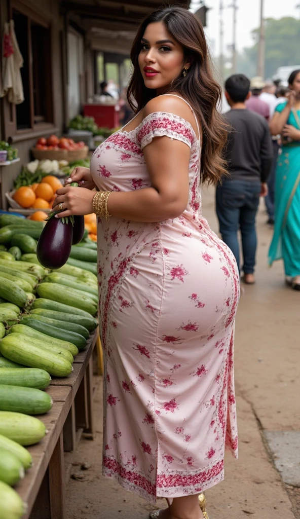 Beautiful sensual and erotic woman with curvy body, 22 yeah old, white girl, cheveux longs et noirs, frange, (double bun hairstyles), ((big curvy body,)), Taille la plus large, thick, beaux seins bien ajustés, Curved Accented Loot, detailed sparkling olive green eyes, les yeux sont vert olive, long cils, sourire sensuel, cuisses thickses, sourit avec incertitude à la caméra, ((wearing a dark blue shirt, summer skirt, open neck, fruit market )), fruit seller, his hands hide the nipples, bracelet, photorealistic, chef-d'artwork, Bokeh, volumetric lighting, ambiance sensuelle, Full body view, smile, (big ass), ass exposed,