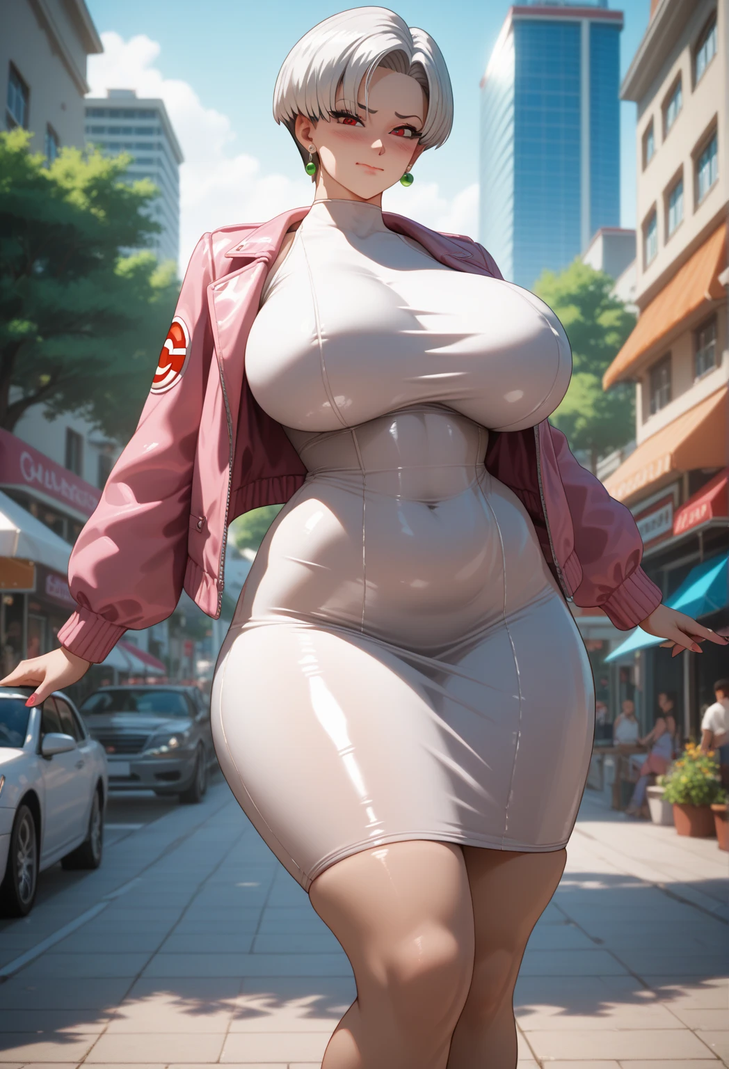 slightly chubby, Married woman atmosphere, Voluptuous body, embarrassing, naked, strapless see-through white mini tank top, open neckline, see through giant areolas, sagging breasts apart, one breast exposed, bottomless, bare legs, showing pussy, shopping, looking around at outside market