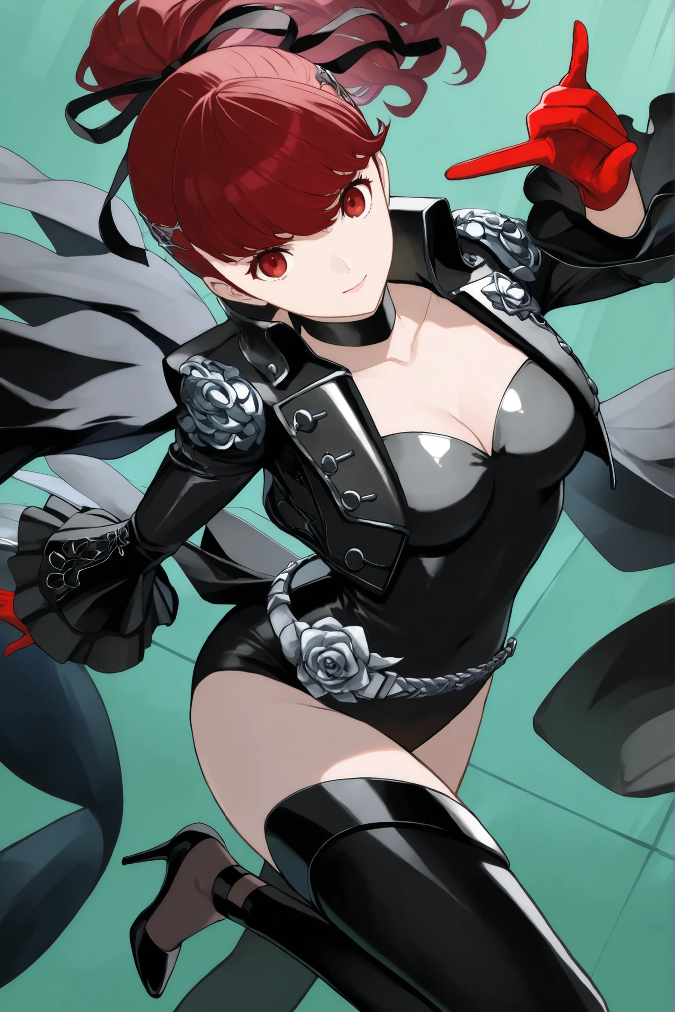Completed_120%, completed_130%, completed_150%, Score_9_up, score_8_up, score_7_up, Kasumi Yoshizawa,p5,Red hair, bangs, long ponytail, black ribbon on hair, red eyes, black dance suit, cleavage, silver rose belt, black thigh highs, black heels, black unbuttoned cropped jacket, split cloak, black choker, collar, black ruffled sleeves, red gloves,dynamic angle, dynamic pose