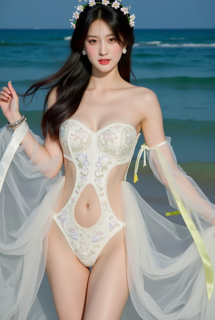 Beautiful woman with perfect body：1.4，Layered Hairstyle，Prominent cleavage，Highly detailed face and skin textures，Double eyelids，Skin Whitening，Long hair，Whitened long legs，（Hanfu）Standing by the sea