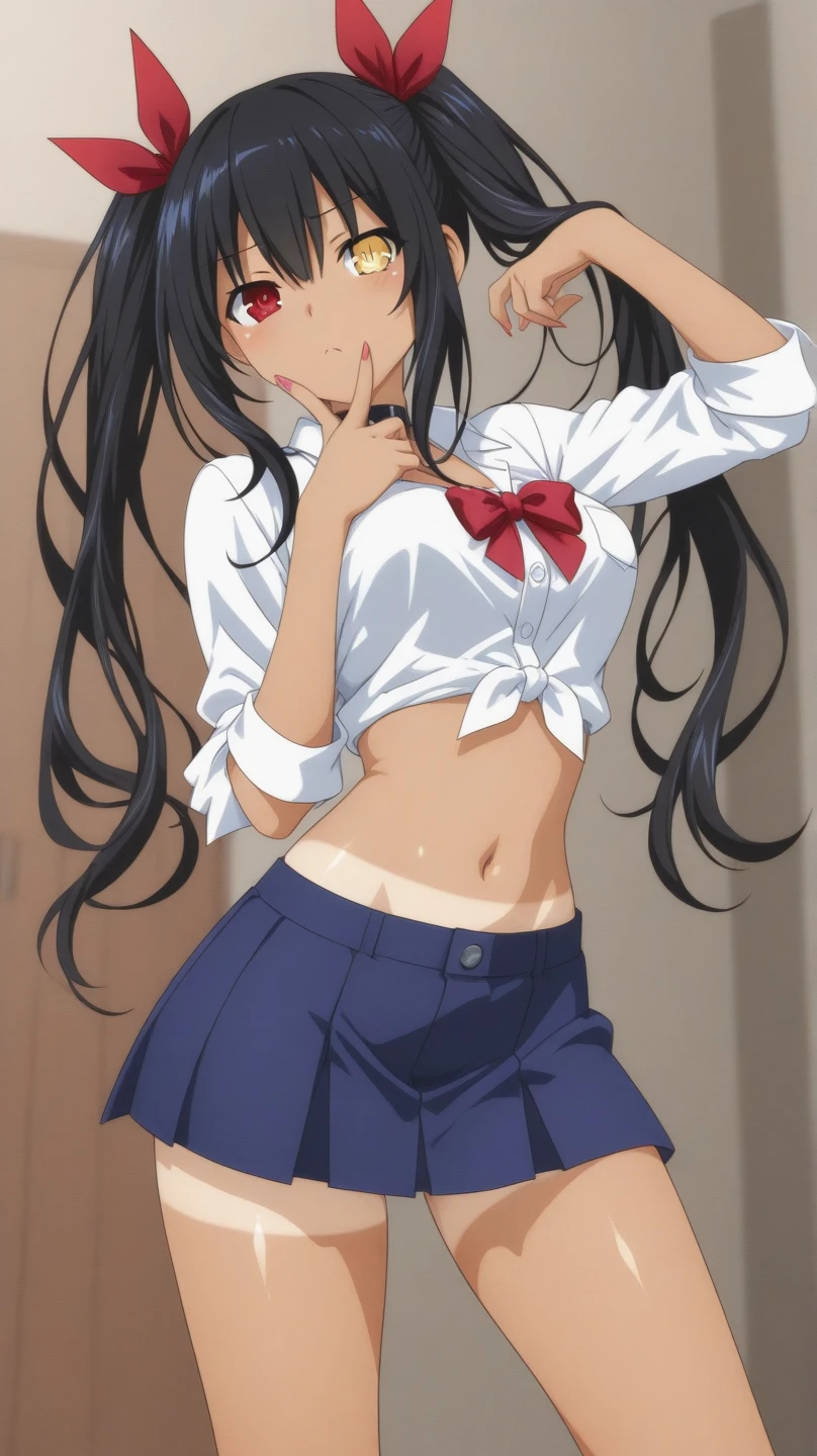 dark skin, masterpiece, highres, solo, 8k, detailed, perfect face, (ultra high quality), looking viewers, collar bones, armpit, small breast, cleavage, black hair, long hair, brown eyes, belly, stomach, navel, crop tanktop, denim short, mini short, slim body, smile, blush, thigh