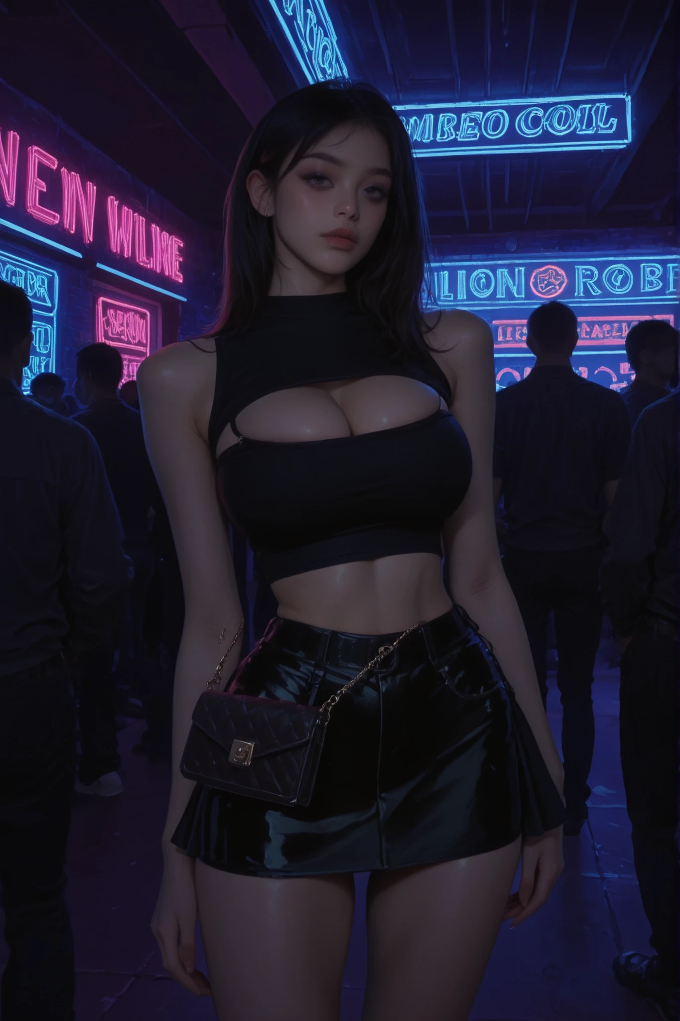 female, cute, sexy, inside, nightclub, neon lights, dark, wearing a tiny crop top, skinny, big breasts, tiny short black skirt, purse, surrounded by people