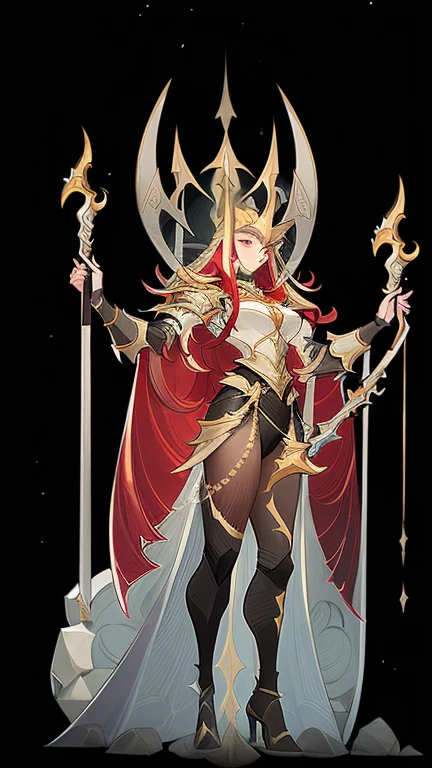 (((masterpiece, best quality, high detailed, 8k))) Design a layout showcase Gaming character, (1girl). Black|Gold clothes, stylish and unique. ((showcase weapon:1.4)), dark scythe. (masterpiece:1.2), (best quality), 4k, ultra-detailed. (Step by step design, layout art:1.5), (luminous lighting, atmospheric lighting). necromancer, ((glove full hands)), (((revealing clothes:1.3))), vambraces, armored legwear, (((full_body_shot:1.4))). {In a haunted graveyard}.
