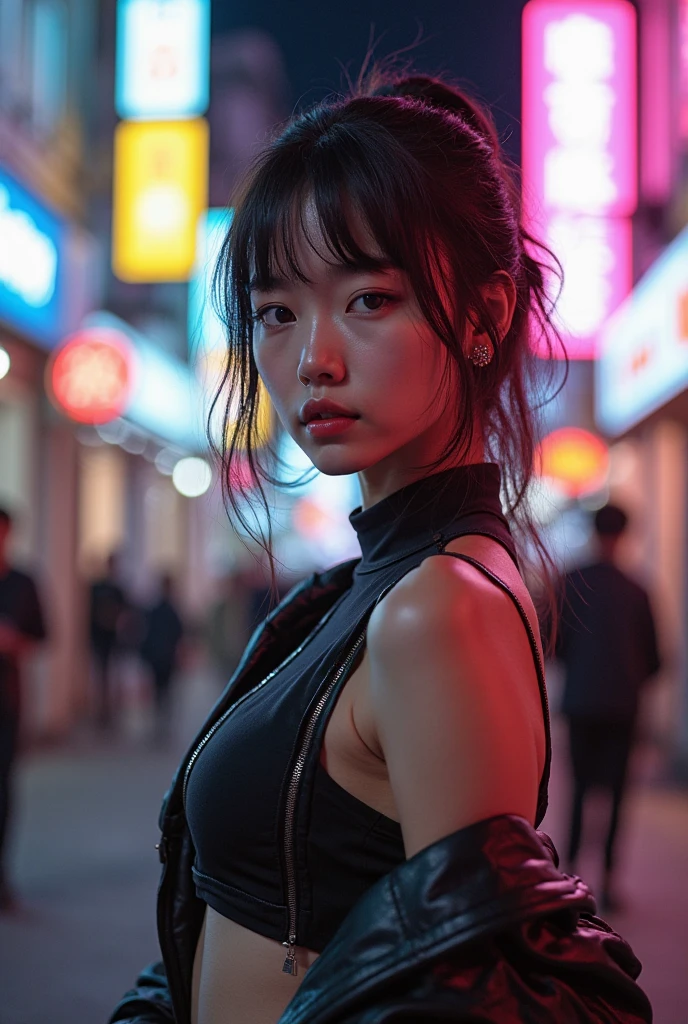 8K, RAW Photos, top-quality, ​masterpiece: 1.2),fish-eye lens、(((Wide View)))、fish-eye lens、Reach out and jump pose、Hair disheveled in the wind、fully body photo、Red or orange neon、Cyberpunk movies、Raw photo of beautiful Korean 20 year old woman、Half Face、deep in the night、darkened room、hightquality、More skin、Lustrous skin、clearface、cinema shot、nffsw、foco nítido
