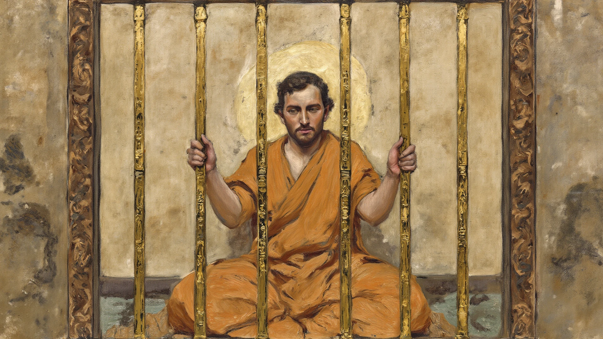 um careca, homem barbudo com longo, Roupas rasgadas, is at the bottom of a cell bound in chains in an ancient cell in Jerusalem, muito ferido e sangrando, atordoante, vivid and ornate masterpiece, Caravaggio, 8k