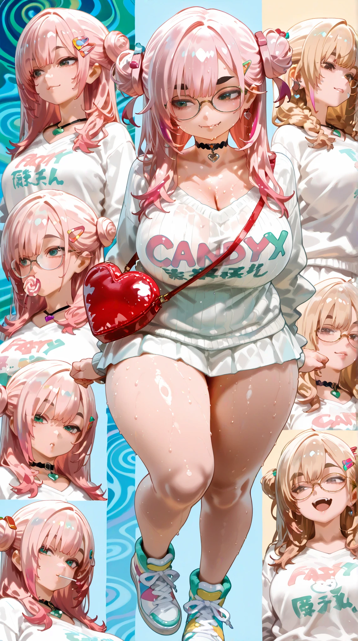((1 girls), solo, clevage, Big round breasts, trendy, stylish, clevage, thighs, hips, realistic, pink hair, blonde hair, light green eyes, lip gloss, detailed face, amazing big eyes, eye details, big lips, eyebrow details, blush, smirk, naughty, mischevious face, HD, good quality, kitchen, lolipop, licking lolipop, tongue, pink,