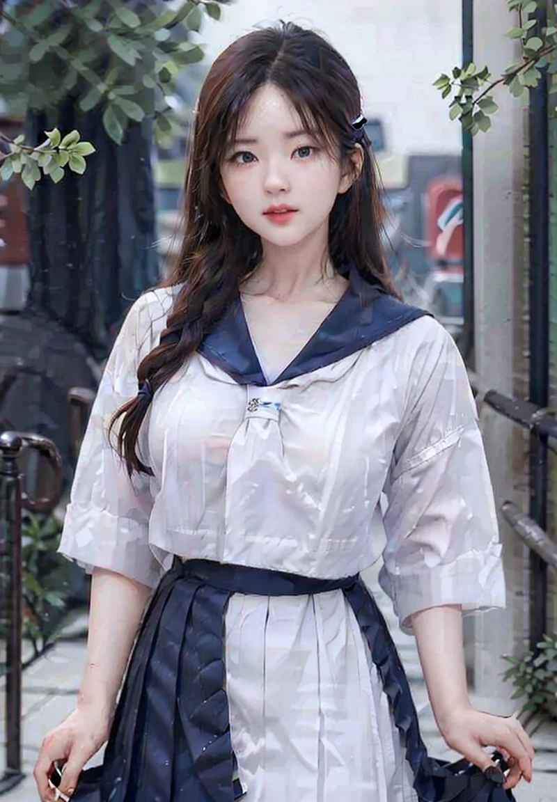 mix4, (16 K, Raw photography, Top image quality, masterpiece: 1.45), (realisitic, Photorealsitic: 1.37), one girls, 7.5, etc、Random hairstyle、Standing figure,Noon time slot、a very cute,a park,, profetional lighting, photon maping、physically-based renderingt, Gradient dark brown hair,, a handsome, Well-groomed and beautiful eyes、Large double eyelids、Very shiny、girl with, (((White long sleeve sailor suit worn by Japan high school girl、Dark blue collar、Dark blue mini skirt, Small gray beret、Dark blue knee-high socks、Black loafers))), Top Quality Photos, hight resolution, 1080p, (clearface), (Detailed face description), (Detailed hand description), (masterpiece), (Exquisite CG)、extreme light and shadows、dishevled hair、master work、abundant detail、(Fine facial features)、(top quality photo)、(masuter piece)、(A detailed eye)、Look in front of you、Fine clavicle、((Slender big))、(((Japan schoolgirl in long-sleeved sailor suit:0.7)))、((Ready Idol System))、((a park、Slide、The fountain、swing、seesaw))、(Shooting from random perspectives)、(((neat and cute)))、耳Nipple Ring、A big smile、Drawing the whole body from the knees、Do not draw nasolabial folds、(((Long-sleeved sailor suit)))、(Big breasts that hang down big:1.2)、Big buttocks with tension、Two arms and two legs、(((from the front side:0.5)))、bare hand、No mask、