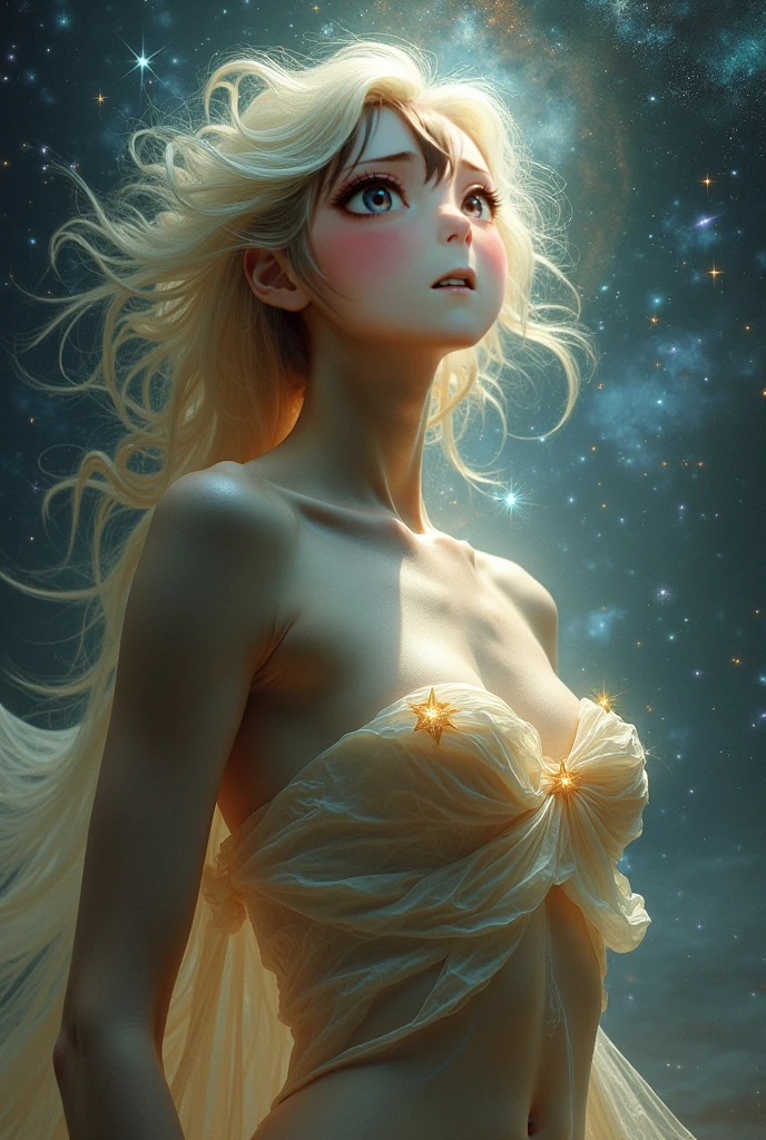 a beautiful 20 year old blonde woman with big messy hair, laying on a fluffy cloud in the sky, fluffy clouds cover her nude body, with glowing moon and twinkling stars, with a small cityscape below, fantasy art style, rossdraws cartoon vibrant , cute detailed digital art, colorfull digital fantasy art, digital fantasy art ), glossy digital painting, rossdraws pastel vibrant, rossdraws 2. 5, rossdraws 1. 0
