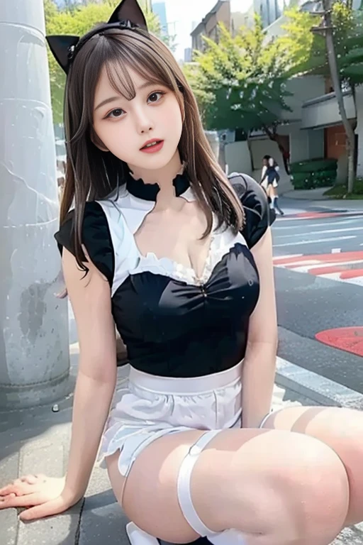 play sports often, (Red maid clothes:1.2), (cleavage:1.2)、No panties, (Cyberpunk settings: 1.2), compensate,, (1 girl: 1.4), highest quality, masterpiece, (reality: 1.2), young woman, lady, detailed face, fine eyes, fine hair, fine skin, looking at the viewer, dramatic, vibrant, sharp focus, 50mm, f1.2, EOS R8, (3/4 body: 1.2), (bare shoulders:1.4), (With Zhuhua Street in the background: 1.6), (highest qualityの詳細: 1.2), 8K HD,(spread legs:1.2),