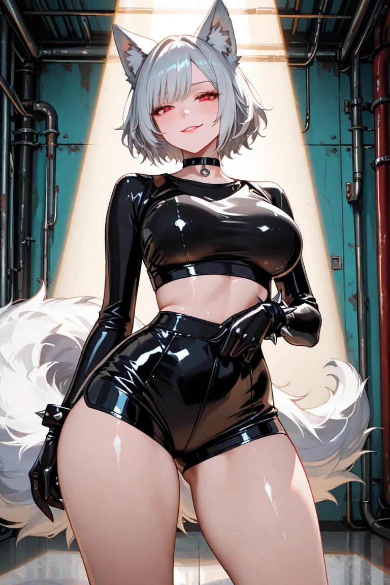 (best quality)), ((masterpiece)), (detailed), perfect face, white hair, white cat ears, white cat tail, DD cup breasts, thick thighs, crazy love eyes, glowing red eyes, smirking, latex short crop top, latex skirt, thigh high stockings, other hand on hip, looking up skirt
