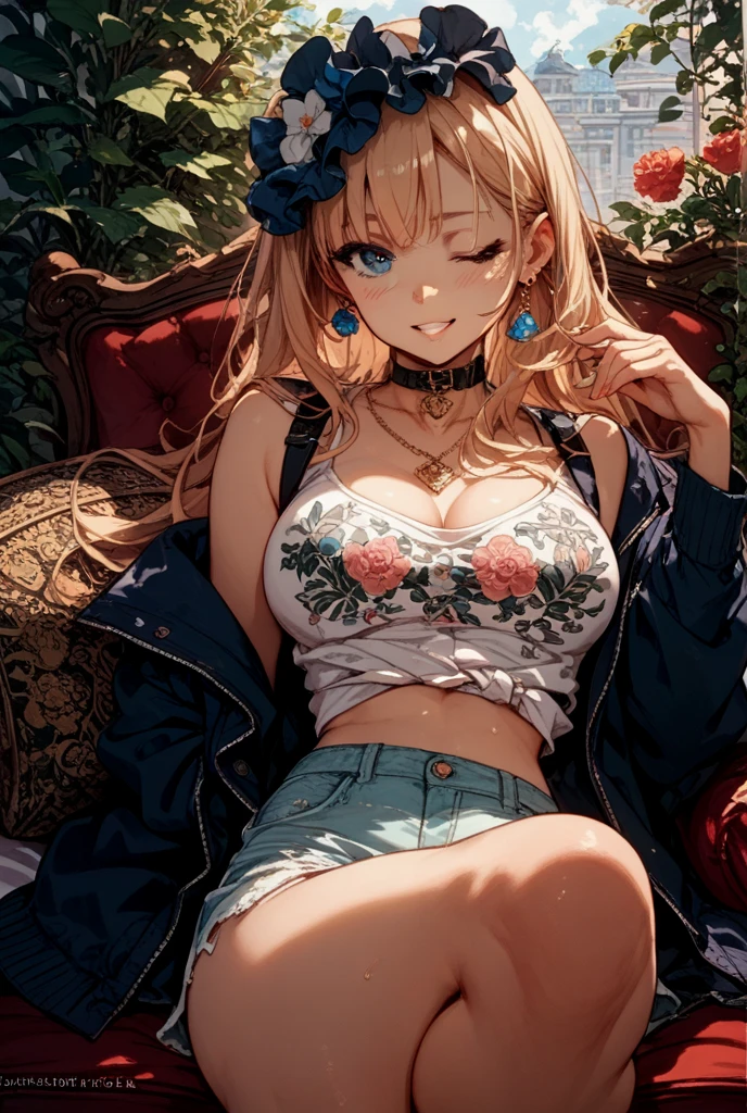 最high quality、best image quality、masterpiece、teenage girl((18-year-old、 By becoming、vest bust、medium bust,wide open breast tea、black eye, blonde hair、Habitual hair、long hair、thin,highest valley、blue shorts、Holding a plastic bottle、troubled face、heart tattoo、black aloha shirt、squat、open your legs、sweating)),high quality、beautiful art、background((Hawaii、Waikiki、Palm tree))debris flies、Depth of written boundary、movie、visual art、perfect art、8K,genuine