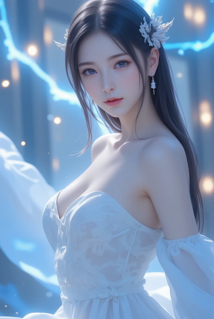masterpiece, best quality, photorealistic, raw photo, DSLR, beautiful Japanese girl, 15-year-old, solo, highly detailed fair skin, shiny skin, realistic face, beautiful face, no makeup face, (highly detailed realistic eyes), beautiful eyes, bright eyes, double eyelids, look at viewer, (black short hair), (dark short hair), bangs, disheveled hair, slim figure, slim face, slim waist, big breasts, small shoulder width, narrow thighs, ((highly detailed precure costume, surrounded by a swirling vortex of magical energy)), beautiful lighting, perfect lighting, realistic shadows, highly detailed, highly delicate and beautiful, ultra high resolution, 8k UHD wallpaper,