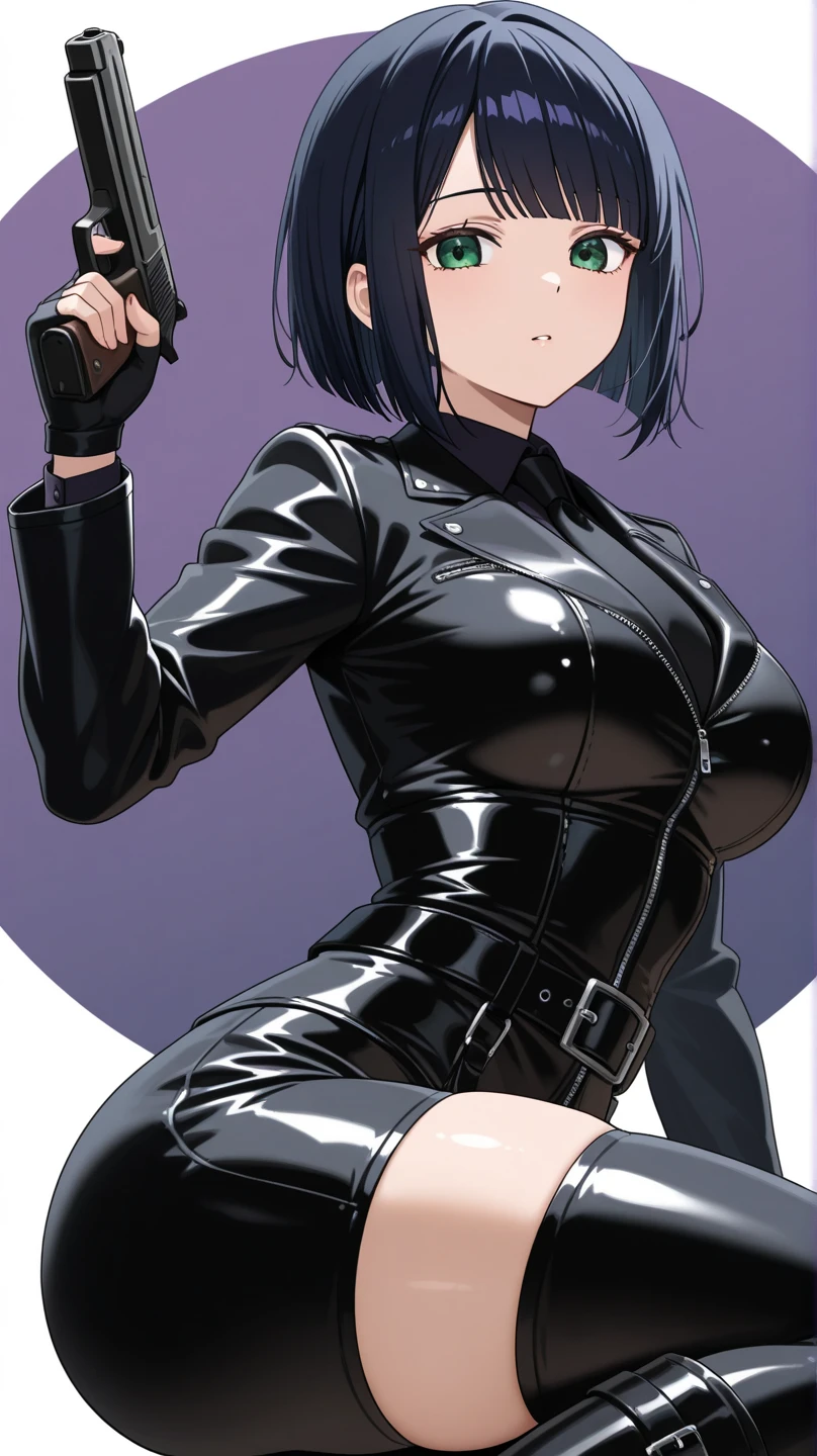 BDSM、Queen、mistress、One girl、solo、(((Long gloves covered to the fingertips in black latex:1.4 )))、(((Black latex corset dress:1.4)))、(((The corset dress is decorated with beautiful lace.)))、(((corset dress with shoulder straps)))、(((Black latex tight mini skirt:1.4)))、(((Black Thigh Boots)))、Stiletto heels、(((Black latex panties)))、(((Black latex bra)))、(((Black leather collar)))、(((Sexy pose)))、Wide-open legs、(((Erotic)))、(((Cowboy Shot)))、One girl, Upper Body, beautiful ,Temple_Ingrown,ponytail,Glasses,bangs,Green Hair,Brown eyes, indoor,Hoop Earrings, office lady, Black suit, Business Attire, Black tie, Small lips, Volumetric lighting, highest quality, masterpiece, Intricate details, Tone Mapping, Sharp focus, Super detailed, Trending on Artstation